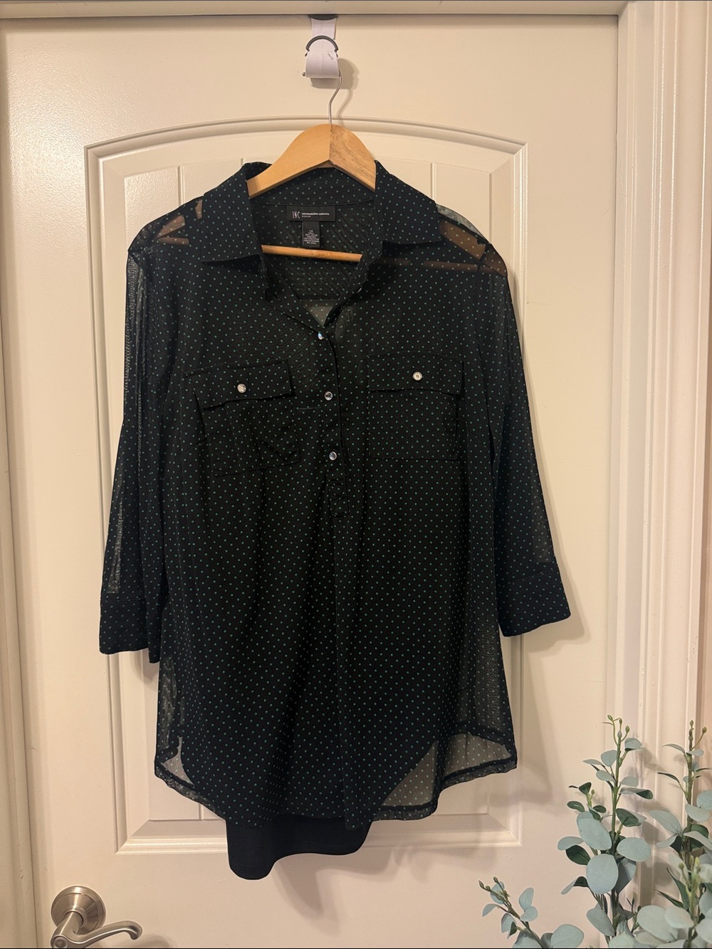 INC International Concepts Black Sheer Polka Dot Button-Up Tunic